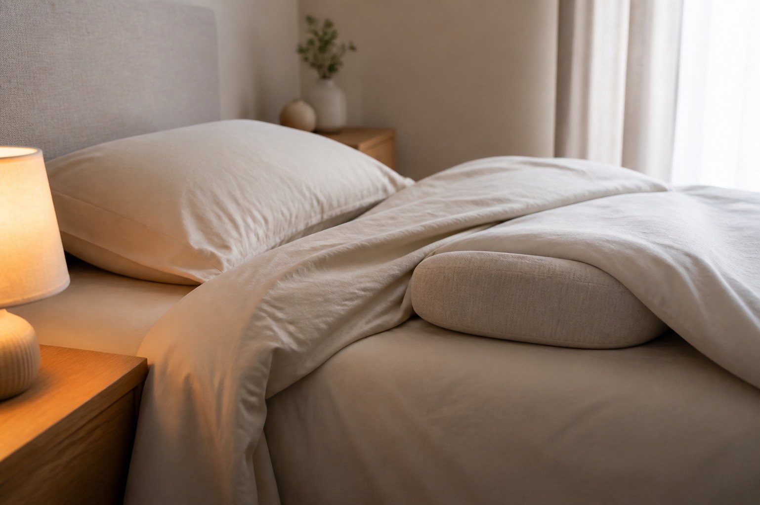 Cama ordenada con almohadas y ropa de cama en tonos neutros